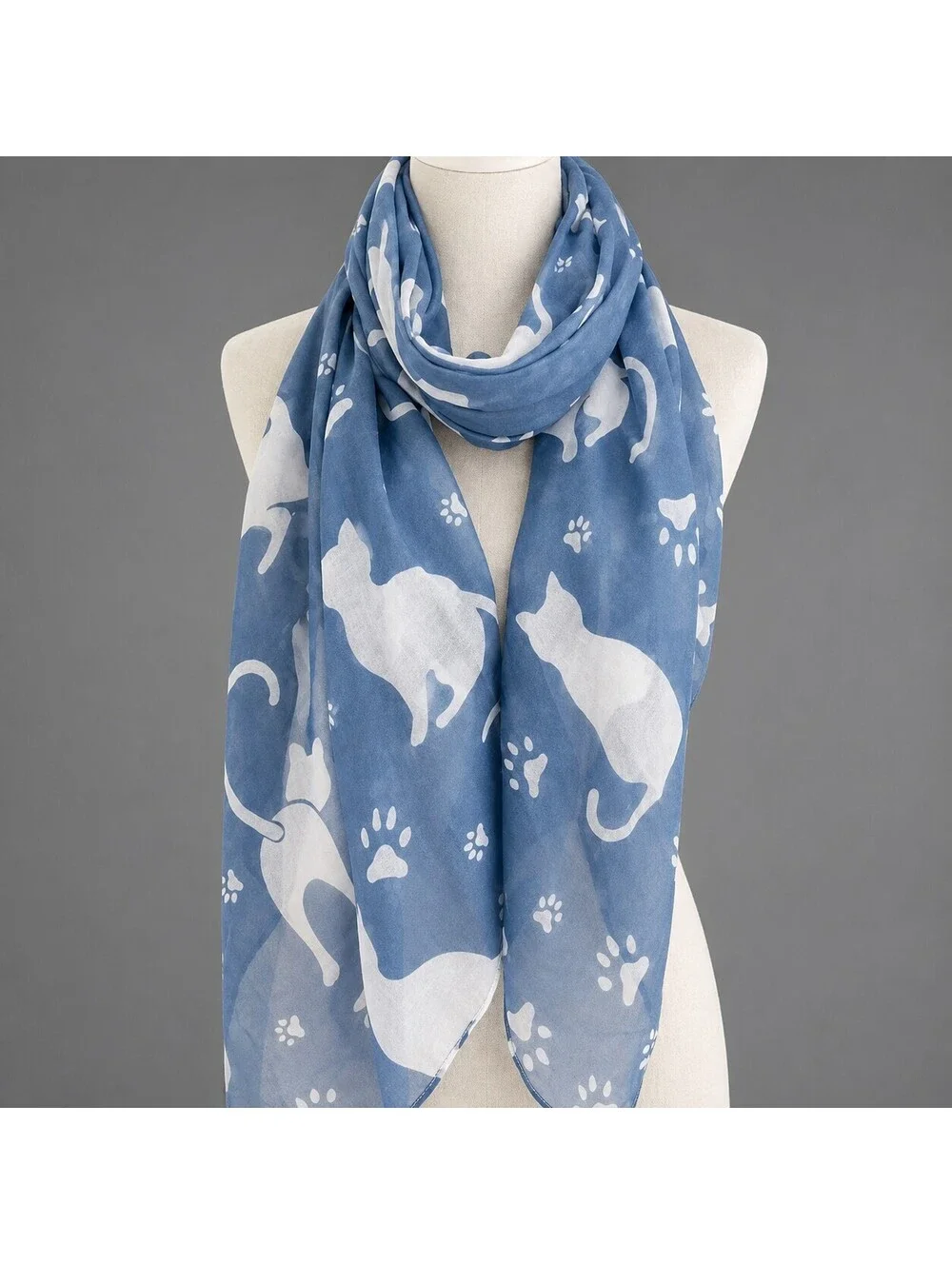 Lightweight Blue Scarf with White Cat and Paw Prints